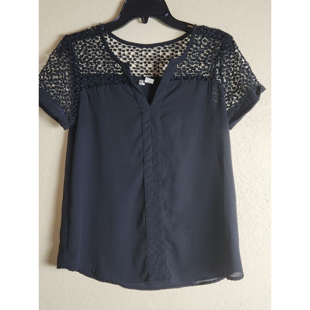 Japna Top Small Womens Black Chiffon Sheer See Through Crochet V Neck Blouse